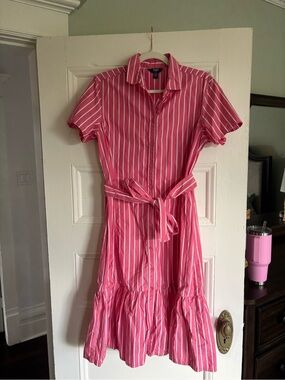 Chaps Pink and White Striped Shirt Midi Dress with Tie